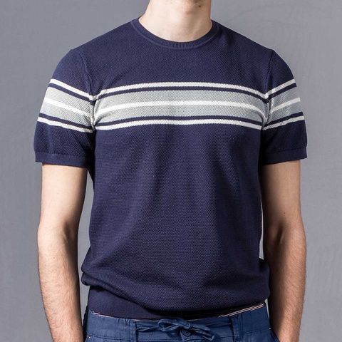 Футболка в дрібну сітку, Синьо-білий колір, Кежуал, Бавовна, Relaxed fit, AVVA A21Y5200-11 фото