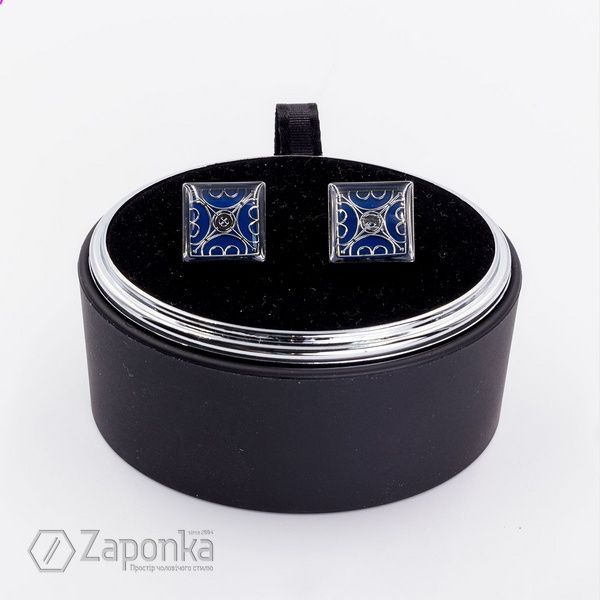 Запонки, 16*16 мм, металевий візерунок, Сталевий / Синій; Класика, Метал. сплав; No Name